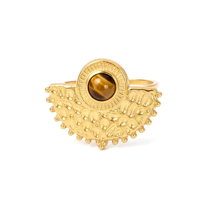 Bague acier inoxydable soleil pierres naturelles œil de tigre