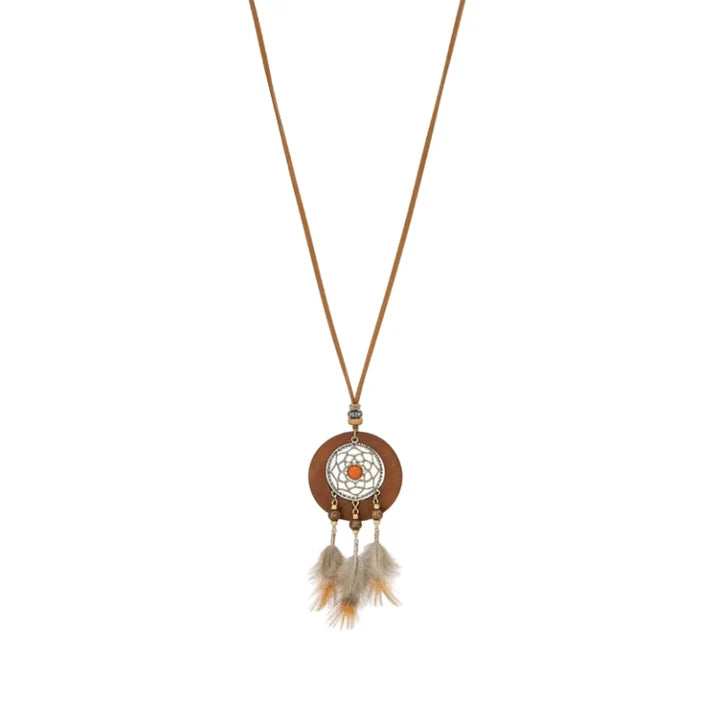 Collier fantaisie - style bohème bois et métal attrape rèves